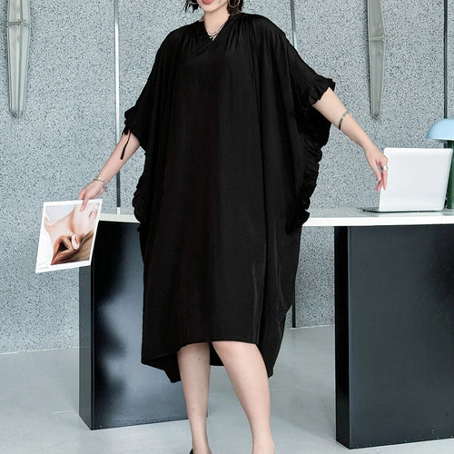 Load image into Gallery viewer, Women Black Bandage Ruffles Big Size Midi Dress New V-Neck Half Batwing Sleeve Fashion Tide Spring Autumn 2025 1DJ1044
