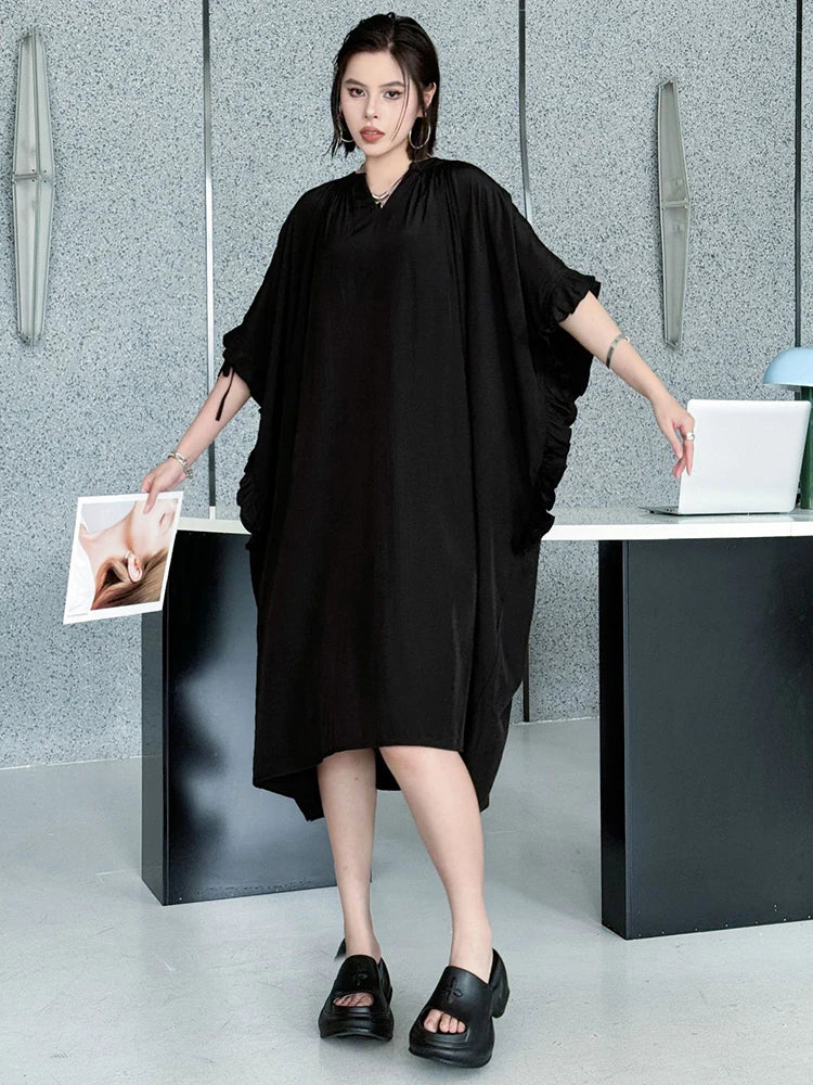 Women Black Bandage Ruffles Big Size Midi Dress New V-Neck Half Batwing Sleeve Fashion Tide Spring Autumn 2025 1DJ1044