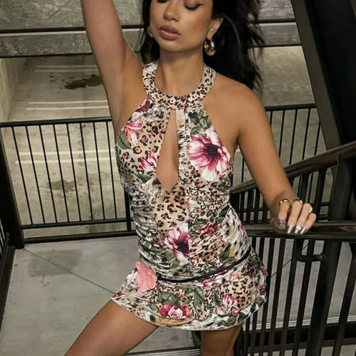 Load image into Gallery viewer, Hollow Out Halter Print Mini Dress For Women Robe Fashion Sleeveless Backless High Waist Ruffled Club Party Dress
