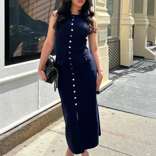 Load image into Gallery viewer, Elegant Sleeveless Sweater Knitted Button Long Dress Women Split Fit Fashion Street Female Vesidos 2024 Summer New Dress
