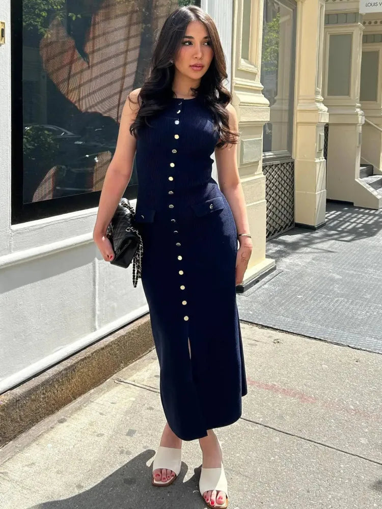 Elegant Sleeveless Sweater Knitted Button Long Dress Women Split Fit Fashion Street Female Vesidos 2024 Summer New Dress