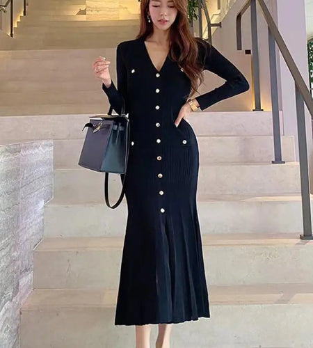 French Fashion Women Black Single Breasted Elegant V Neck Festival Knit Dress Autumn Long Sleeve Slim Fishtail Dress Ladies Chic