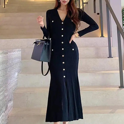 Load image into Gallery viewer, French Fashion Women Black Single Breasted Elegant V Neck Festival Knit Dress Autumn Long Sleeve Slim Fishtail Dress Ladies Chic
