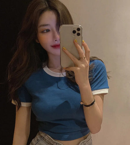 Women's Short Sleeve Crop Top O-neck T-Shirt Henley Shirts Short Sleeve Blouse Solid Color Ribbed Casual Blouse