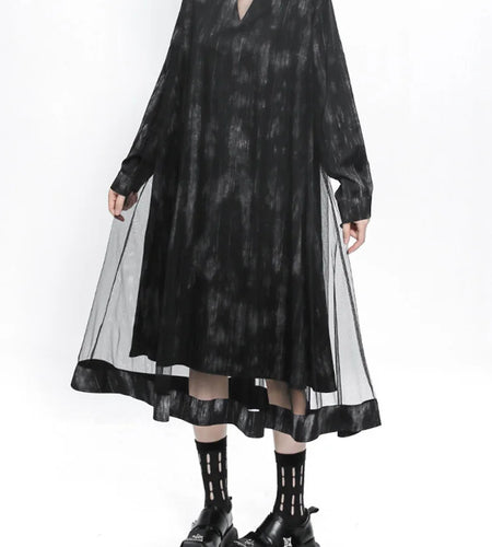 Women Black Hollow Out Mesh Spliced Big Size Dress New Stand Collar Long Sleeve Fashion Tide Spring Autumn 2025 1DJ0051