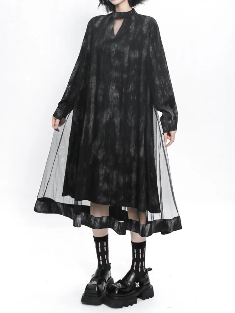 Women Black Hollow Out Mesh Spliced Big Size Dress New Stand Collar Long Sleeve Fashion Tide Spring Autumn 2025 1DJ0051