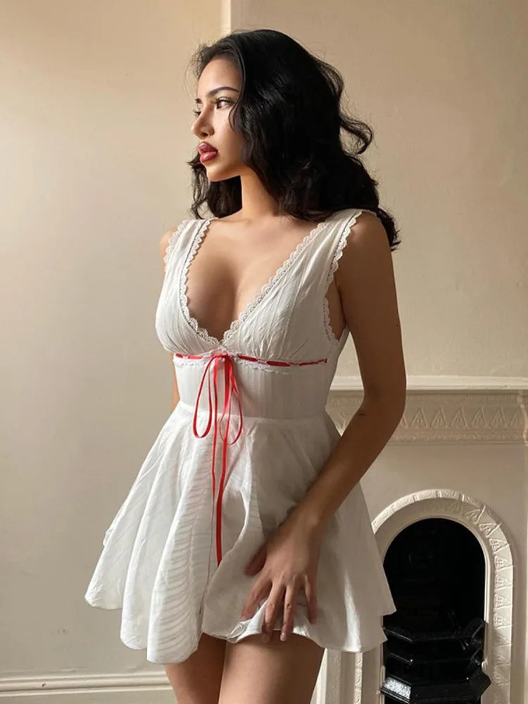 Sexy Lace Patchwork Lace Up Slim Fit Dress For Women Summer 2024 New Fashiona Woven V-neck Suspender Female Vestidos