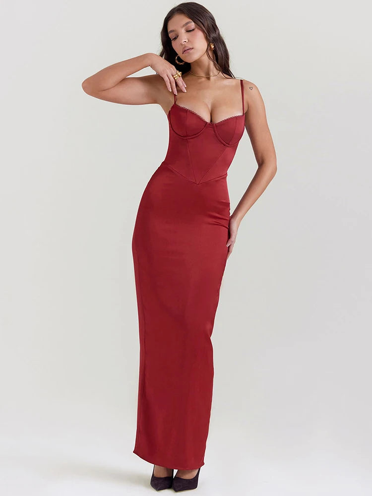 Red Sexy Spaghetti Strap Bodycon Elegant Dress For Women Slim Fit Evening Dress Split Maxi Vesidos Party Club Clothing