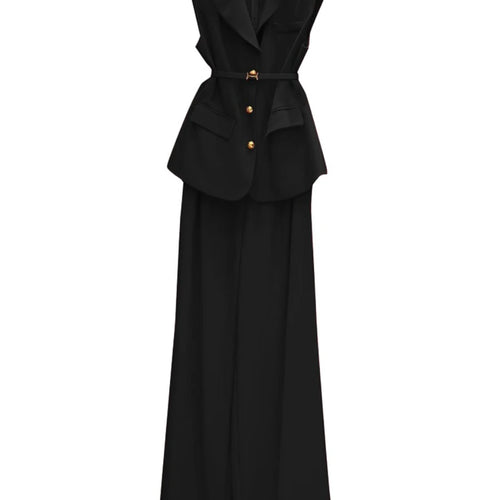 Load image into Gallery viewer, Solid Temperament Two Piece Sets for Women Lapel Sleeveless Spliced Single Breasted Top High Waist Pant Set Female
