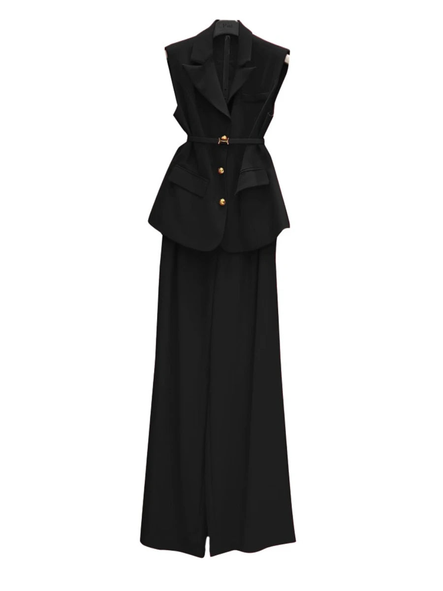 Solid Temperament Two Piece Sets for Women Lapel Sleeveless Spliced Single Breasted Top High Waist Pant Set Female