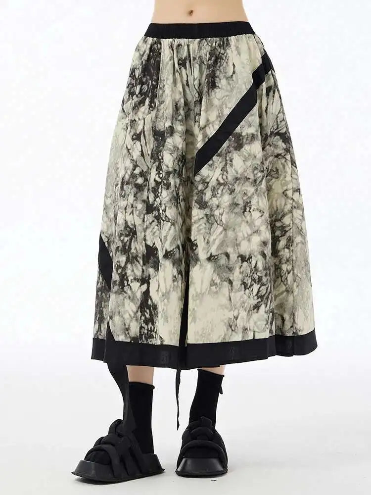 High Elastic Waist Black Tie Dye Ribbons Spliced A-line Half-body Skirt Women Fashion Tide New Spring Autumn 2025 1DH6608