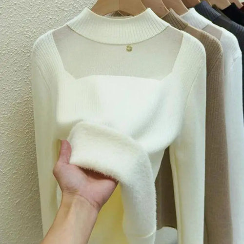 Load image into Gallery viewer, Autumn Winter Women Solid Mesh Velvet Sweater Korean Fashion Warm Round Collar Knitwear Long Sleeve Pullovers Tops Thick Popular
