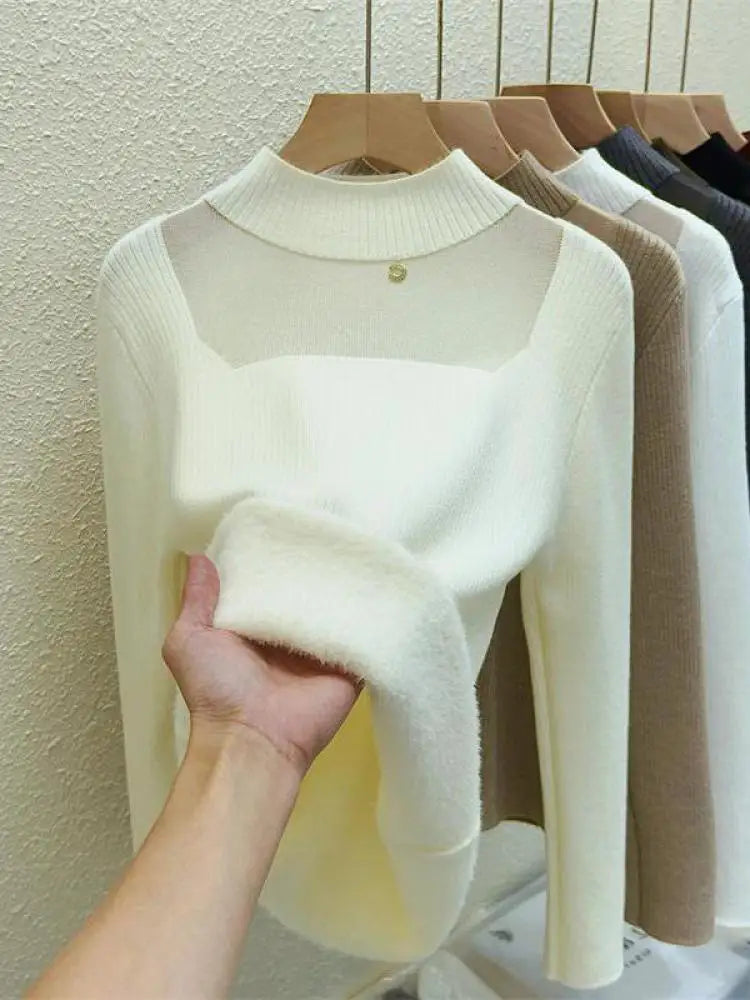 Autumn Winter Women Solid Mesh Velvet Sweater Korean Fashion Warm Round Collar Knitwear Long Sleeve Pullovers Tops Thick Popular