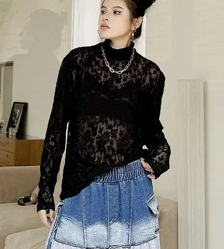 Women Black Thin Lace Perspective Elegant Big Size T-shirt New Turtleneck Long Sleeve Fashion Spring Autumn 2025 1DH7141