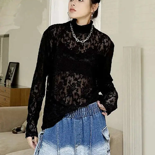 Load image into Gallery viewer, Women Black Thin Lace Perspective Elegant Big Size T-shirt New Turtleneck Long Sleeve Fashion Spring Autumn 2025 1DH7141
