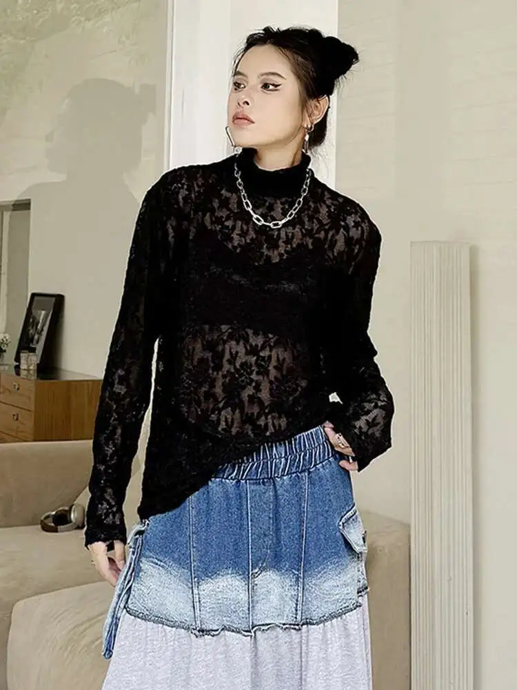 Women Black Thin Lace Perspective Elegant Big Size T-shirt New Turtleneck Long Sleeve Fashion Spring Autumn 2025 1DH7141