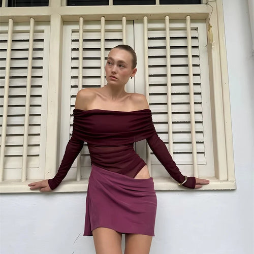 Load image into Gallery viewer, Hollow Out Off-shoulder Sexy Mini Dress Women Fashion Patchwork Strapless Long Sleeve Backless Ruched Club Dress
