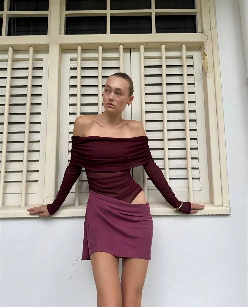 Hollow Out Off-shoulder Sexy Mini Dress Women Fashion Patchwork Strapless Long Sleeve Backless Ruched Club Dress