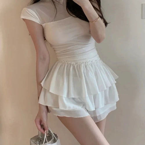 Load image into Gallery viewer, Spring Lace Pure Color Short Sleeve Tshirts Women Korean Fashion Clothing Y2k Crop Tops Female Slim Bodycon Tops Chic Tee
