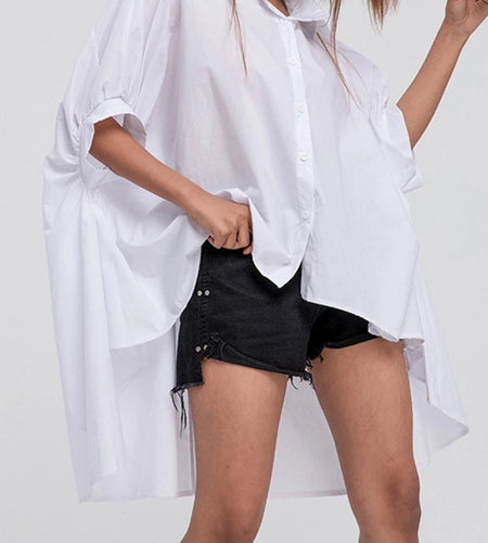 Women White Irregular Big Size Blouse New Lapel Half Sleeve Loose Fit Shirt Fashion Tide Spring Autumn 2025 1DD2323