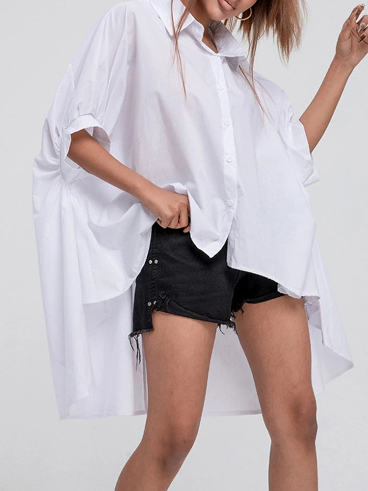 Women White Irregular Big Size Blouse New Lapel Half Sleeve Loose Fit Shirt Fashion Tide Spring Autumn 2025 1DD2323