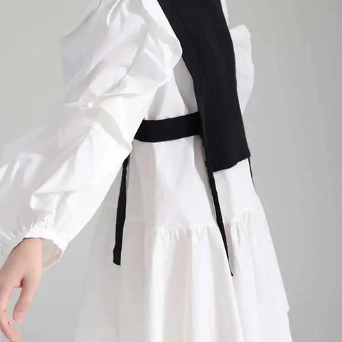 Load image into Gallery viewer, Women Black Knitting Color-block Ruffles Elegant Dress New Round Neck Long Sleeve Fashion Tide Spring Autumn 2025 1DH6758
