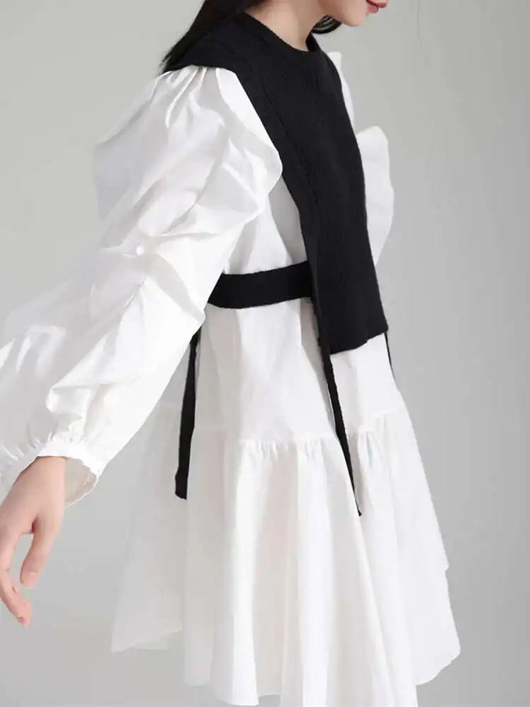 Women Black Knitting Color-block Ruffles Elegant Dress New Round Neck Long Sleeve Fashion Tide Spring Autumn 2025 1DH6758