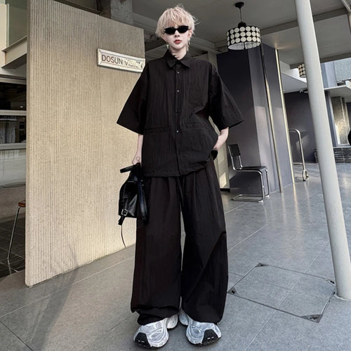 Load image into Gallery viewer, Men's Set New Summer Solid Color Wrinkled Short Sleeve Single Breasted Shirt Male Casual Elastic Waist Pants 9W1491
