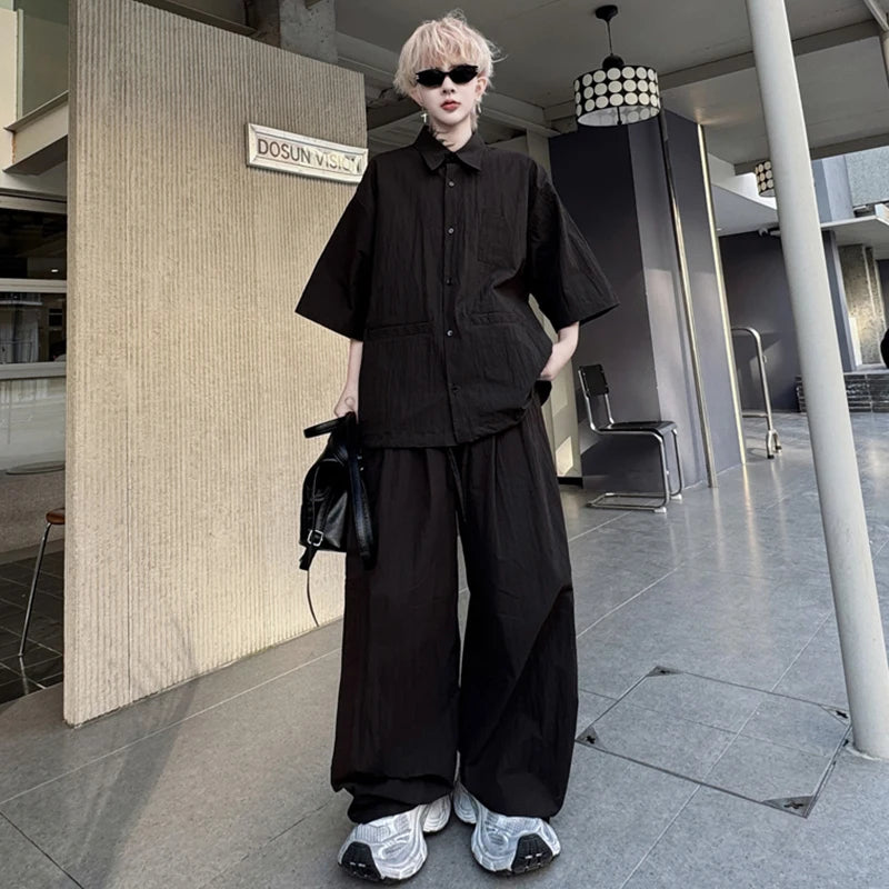 Men's Set New Summer Solid Color Wrinkled Short Sleeve Single Breasted Shirt Male Casual Elastic Waist Pants 9W1491