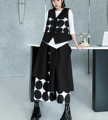Big Size Black Dot Vest Wide Leg Pants Two Piece Suit New V-Neck Sleeveless Women Fashion Tide Spring Autumn 2025 1DJ1039
