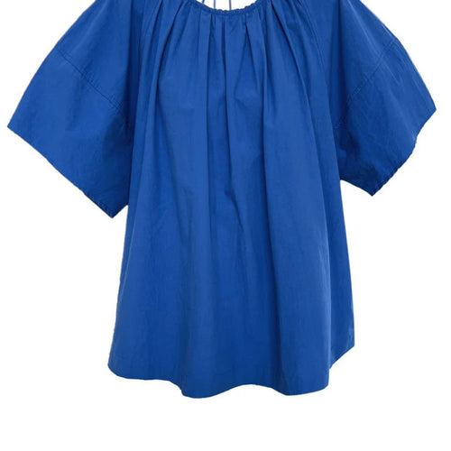 Load image into Gallery viewer, Women Blue Back Hollow Out Bandage Big Size  Blouse New Round Neck Short Sleeve Shirt Fashion Spring Summer 2025 1DJ1082
