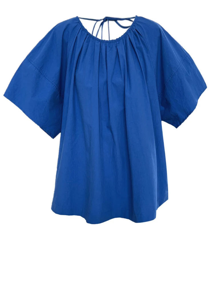 Women Blue Back Hollow Out Bandage Big Size  Blouse New Round Neck Short Sleeve Shirt Fashion Spring Summer 2025 1DJ1082