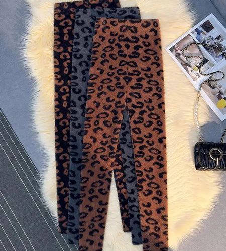 Vintage Korean Women Fashion New Leopard Print Casual Mink Trousers Autumn And Winter High Waist Leggings Pant Thick Y2k Popular
