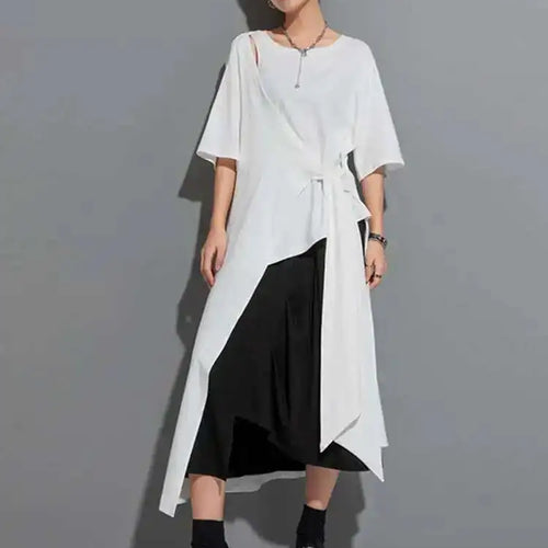 Load image into Gallery viewer, Women White Irregular Hem Big Size Long T-shirt New Round Neck Short Sleeve Fashion Tide Spring Summer 2025 1DF8717
