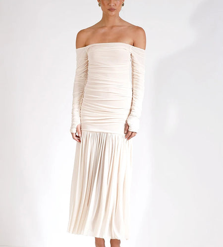 Off-shoulder Strapless Sexy Maxi Dress Women Summer New Patchwork Backless Long Sleeve Pleated Long Dress Elegant