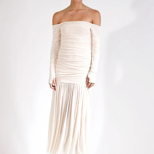 Load image into Gallery viewer, Off-shoulder Strapless Sexy Maxi Dress Women Summer New Patchwork Backless Long Sleeve Pleated Long Dress Elegant
