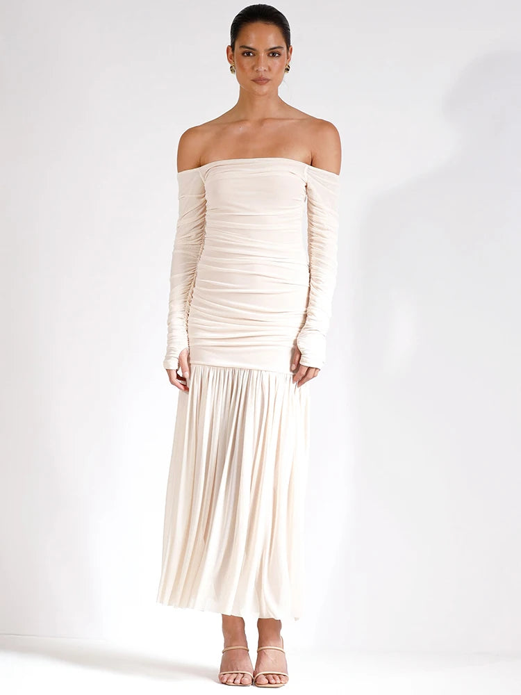 Off-shoulder Strapless Sexy Maxi Dress Women Summer New Patchwork Backless Long Sleeve Pleated Long Dress Elegant