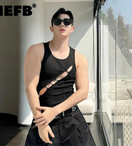 Slim Men's Tank Tops Solid Color Round Neck Sleeveless Hollow Out Male Fashion Tops New Chic Summer Sexy Style 9C6079