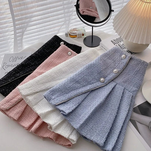Load image into Gallery viewer, Autumn Winter Retro Plaid Slim Pleated A-line Woolen Half-length Skirt Womens Irregular Pearl Buckle High Waist Mini Tweed Skirt
