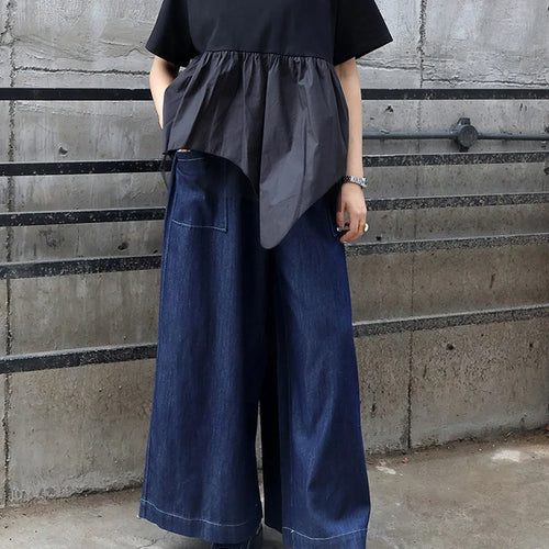 Load image into Gallery viewer, Women Black Irregular Hem Mesh Big Size Casual T-shirt New Round Neck Short Sleeve Fashion Tide Spring Summer 2025 1DJ0644
