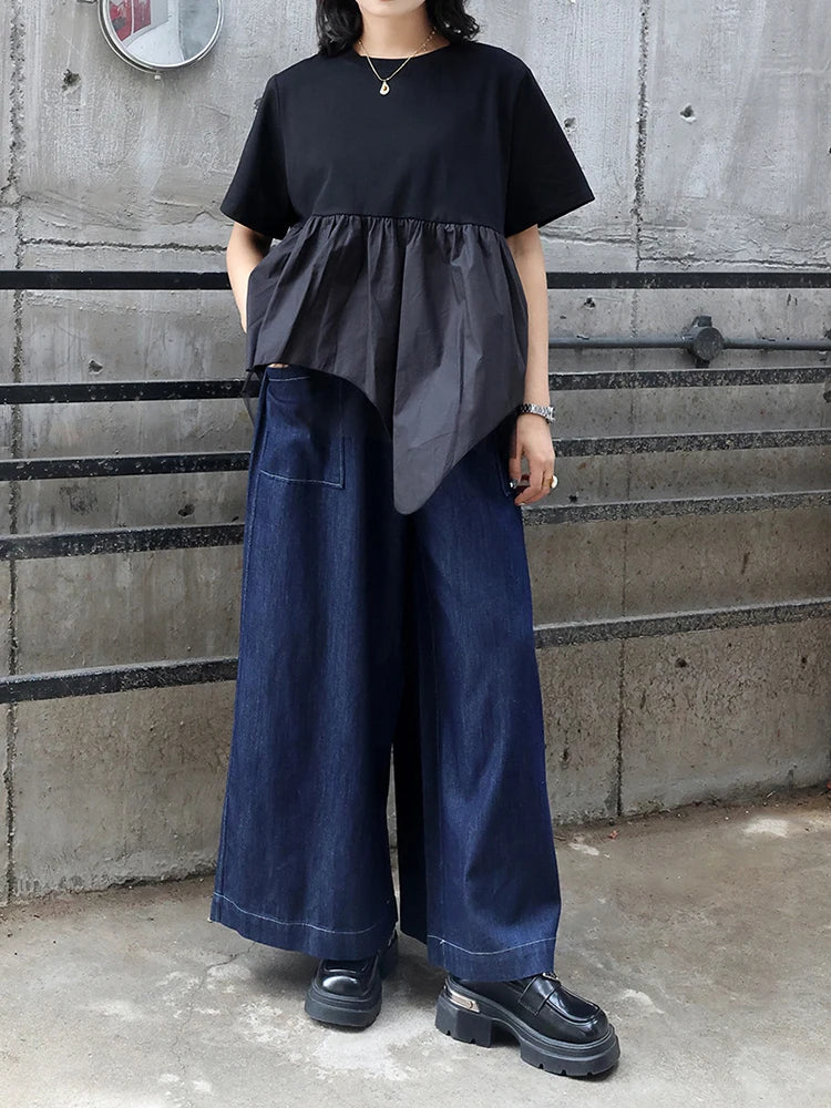 Women Black Irregular Hem Mesh Big Size Casual T-shirt New Round Neck Short Sleeve Fashion Tide Spring Summer 2025 1DJ0644