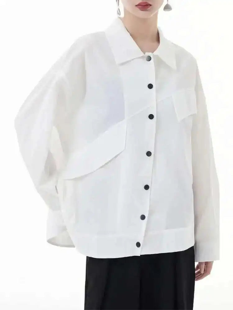 Women Blue Big Size Irregular Casual Blouse New Lapel Long Sleeve Loose Fit Shirt Fashion Tide Spring Autumn 2025 1DH3555