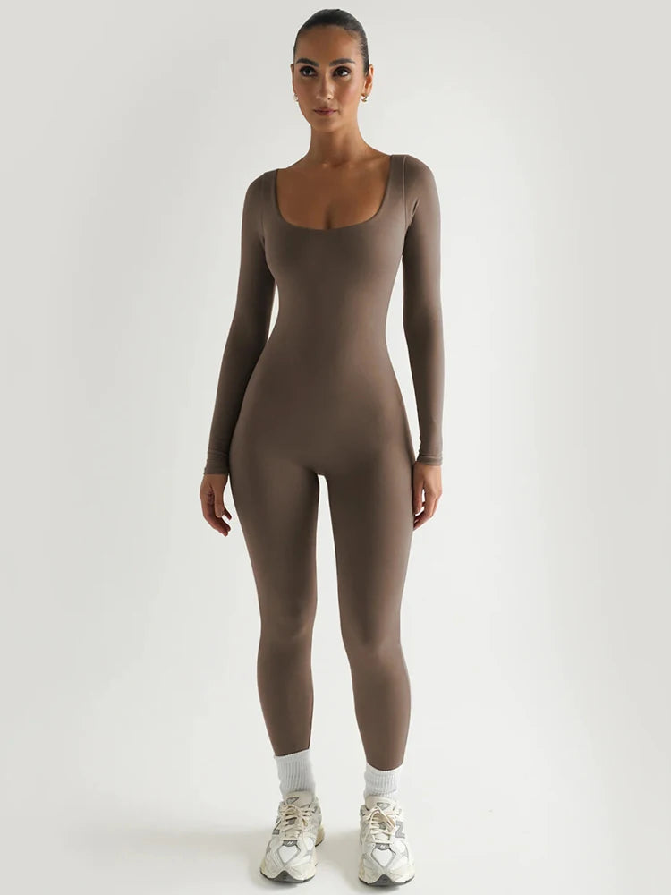 Square Neck Long Sleeve Zipper Women Jumpsuit Elastic Tight High Waist Playsuit Slim Sporty Casual Outdoor Street Romper