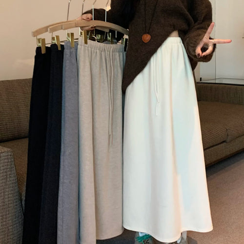 Load image into Gallery viewer, Autumn Winter New Solid Velvet High Waist Long Skirt Women Korean Fashion Elegant Vacation Drawstring Lace-up A-line Thick Skirt
