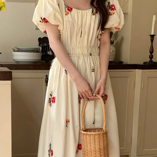 Load image into Gallery viewer, French Style Embroidery Puff Sleeve Female Dress Summer Office Lady Slim Waist Square Neck Chiffon Chic Women&#39;s Dresses
