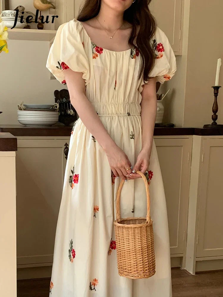 French Style Embroidery Puff Sleeve Female Dress Summer Office Lady Slim Waist Square Neck Chiffon Chic Women's Dresses