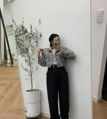 Retro Grey Crop Denim Jacket Women Long Sleeve 2023 Autumn Street Korean Fashion High Waist Jean Coat Ladies Festival Outerwear