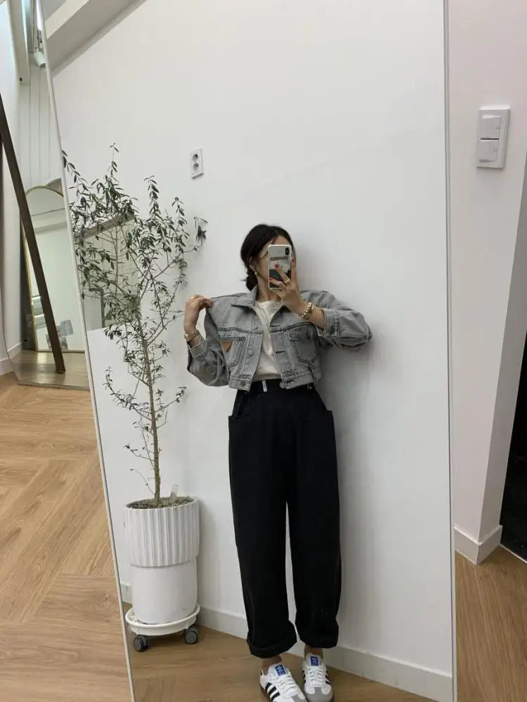 Retro Grey Crop Denim Jacket Women Long Sleeve 2023 Autumn Street Korean Fashion High Waist Jean Coat Ladies Festival Outerwear