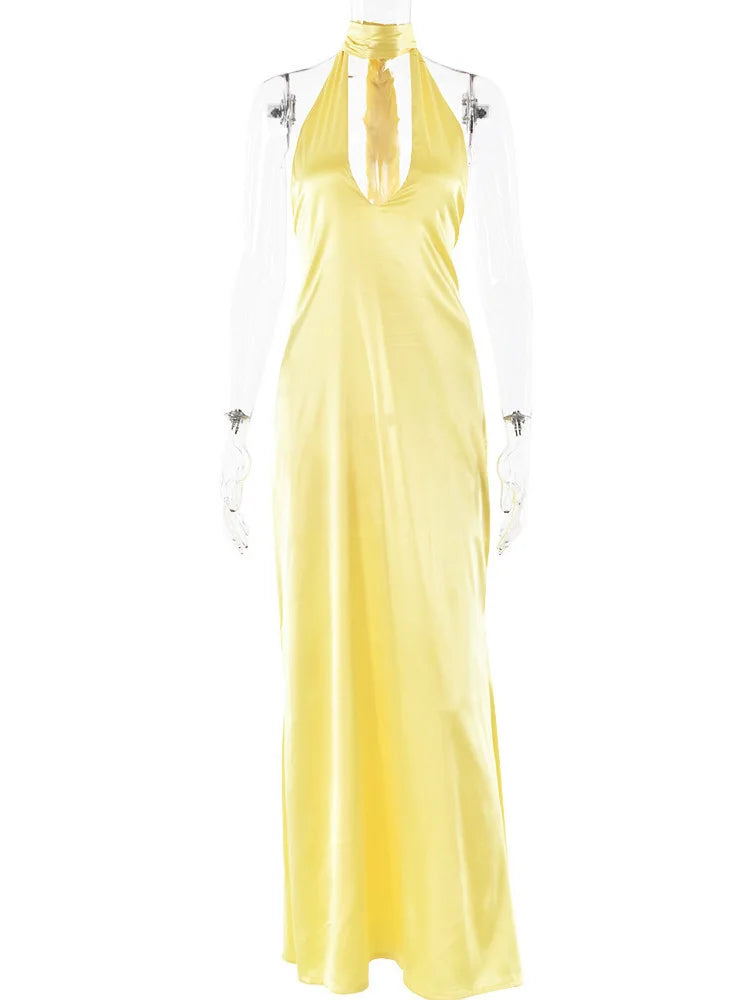 Sexy Sleeveless Satin Open Back Dress For Women Deep V Lace Up Slim Fit Evening Dress Female Elegant Party Club Vestidos