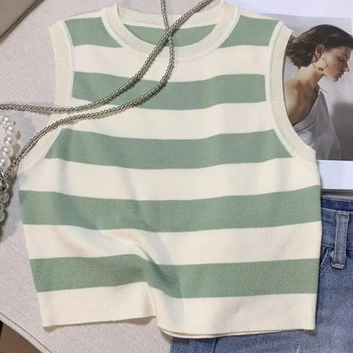 Load image into Gallery viewer, Vintage Chic Round-neck Striped Patchwork Knitted Sleeveless Women&#39;s Vest Korean Fashion Summer 2024 Female Clothing Tank Tops
